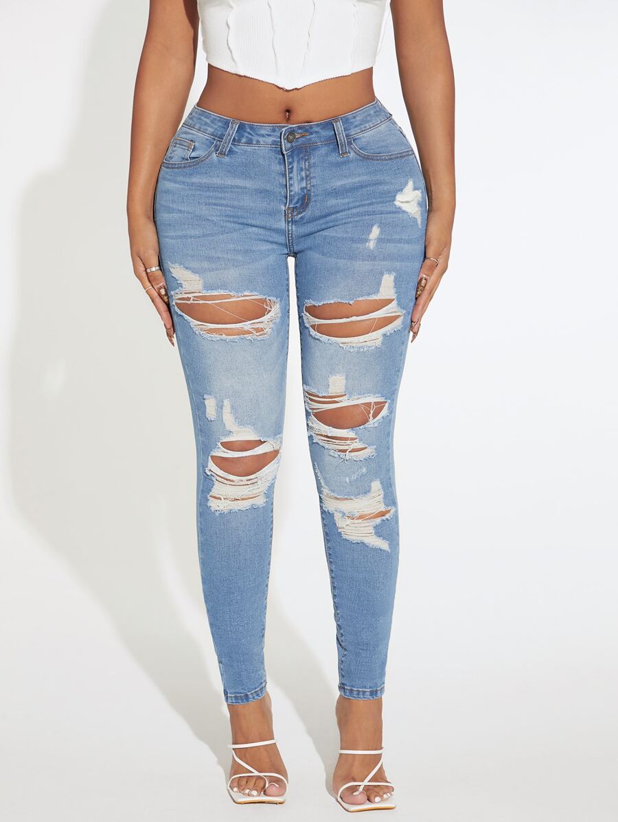 SHEIN SXY Drop Waist Ripped Skinny Jeans - Medium Wash - View 1