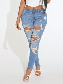 SHEIN SXY Drop Waist Ripped Skinny Jeans - Medium Wash - View 4