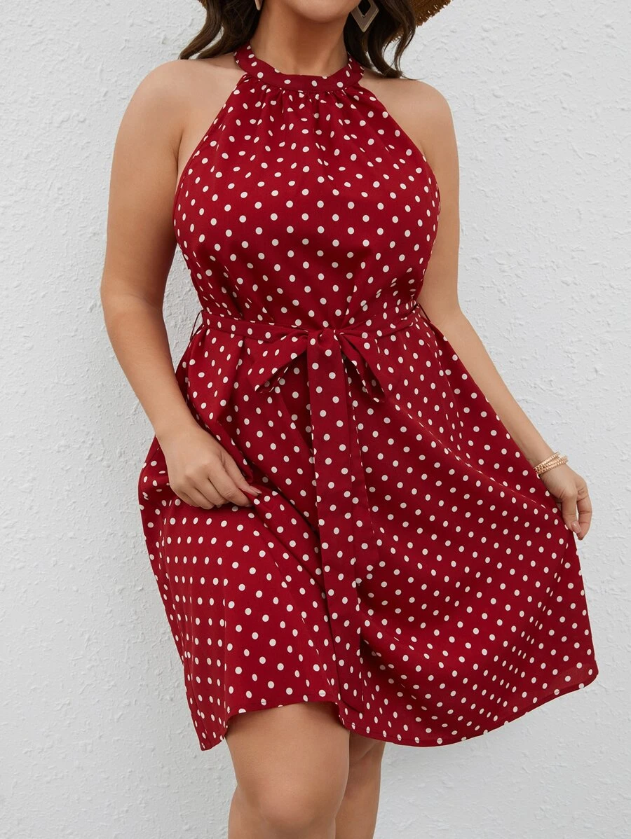 SHEIN VCAY Plus Polka Dot Print Belted Halter Dress - Red - View 1
