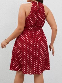 SHEIN VCAY Plus Polka Dot Print Belted Halter Dress - Red - View 2
