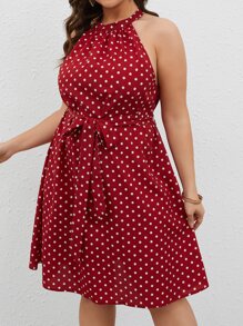 SHEIN VCAY Plus Polka Dot Print Belted Halter Dress - Red - View 3