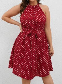 SHEIN VCAY Plus Polka Dot Print Belted Halter Dress - Red - View 4