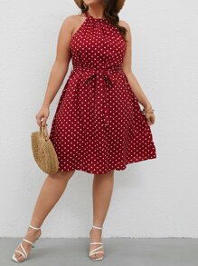 SHEIN VCAY Plus Polka Dot Print Belted Halter Dress - Red - View 5