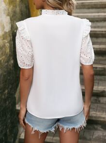 SHEIN VCAY Blusa con bordado con ojal ribete con fruncido de manga farol - Blanco - Ver 2