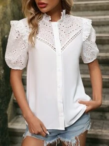 SHEIN VCAY Blusa con bordado con ojal ribete con fruncido de manga farol - Blanco - Ver 4