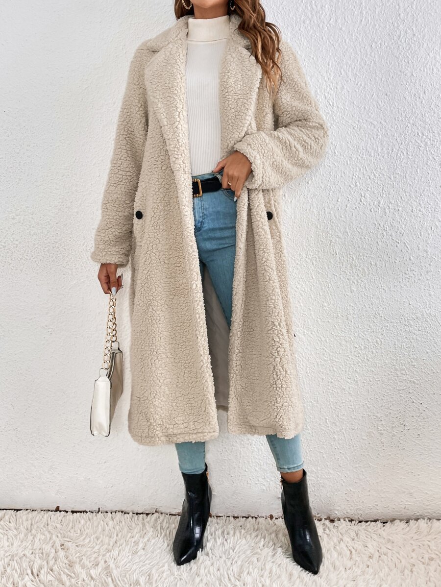 SHEIN Frenchy 西裝領插肩袖腰帶絨毛外套