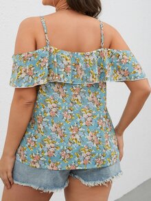 SHEIN VCAY Plus Floral Print Cold Shoulder Ruffle Trim Blouse - Multicolor - View 2
