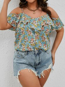 SHEIN VCAY Plus Floral Print Cold Shoulder Ruffle Trim Blouse - Multicolor - View 4
