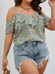 SHEIN VCAY Plus Floral Print Cold Shoulder Ruffle Trim Blouse - Multicolor - View 5