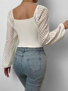 SHEIN Unity Sweetheart Neck Drawstring Lantern Sleeve Crop Top - Apricot - View 2