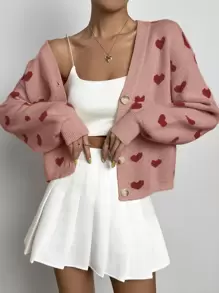 SHEIN Unity 愛心圖案拼接邊落肩袖開襟衫 - 藕粉色 - 查看 1