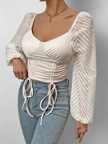 SHEIN Unity Sweetheart Neck Drawstring Lantern Sleeve Crop Top - Apricot - View 4