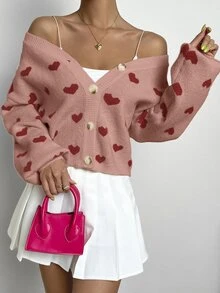 SHEIN Unity 愛心圖案拼接邊落肩袖開襟衫 - 藕粉色 - 查看 5