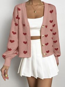 SHEIN Unity 愛心圖案拼接邊落肩袖開襟衫 - 藕粉色 - 查看 6