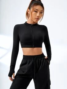 Easithlete Zip Up Thumb Hole Sports Jacket - Black - View 1