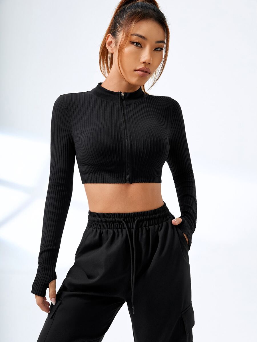 Easithlete Zip Up Thumb Hole Sports Jacket - Black - View 1