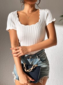 SHEIN Frenchy Scallop Trim Square Neck Knit Top - White - View 5