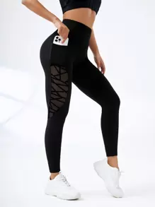 Easithlete Geo Mesh Insert Tummy Control Sports Leggings With Phone Pocket - Black - View 1