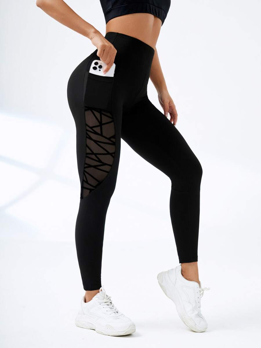 Easithlete Geo Mesh Insert Tummy Control Sports Leggings With Phone Pocket - Black - View 1