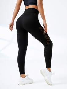 Easithlete Geo Mesh Insert Tummy Control Sports Leggings With Phone Pocket - Black - View 2