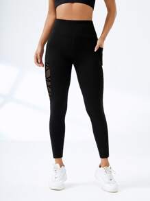 Easithlete Geo Mesh Insert Tummy Control Sports Leggings With Phone Pocket - Black - View 6