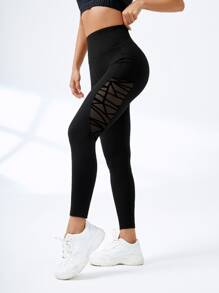 Easithlete Geo Mesh Insert Tummy Control Sports Leggings With Phone Pocket - Black - View 7