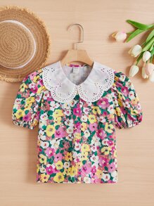 SHEIN 女孩印花網眼刺繡誇大領口襯衫 - 彩色 - 查看 1