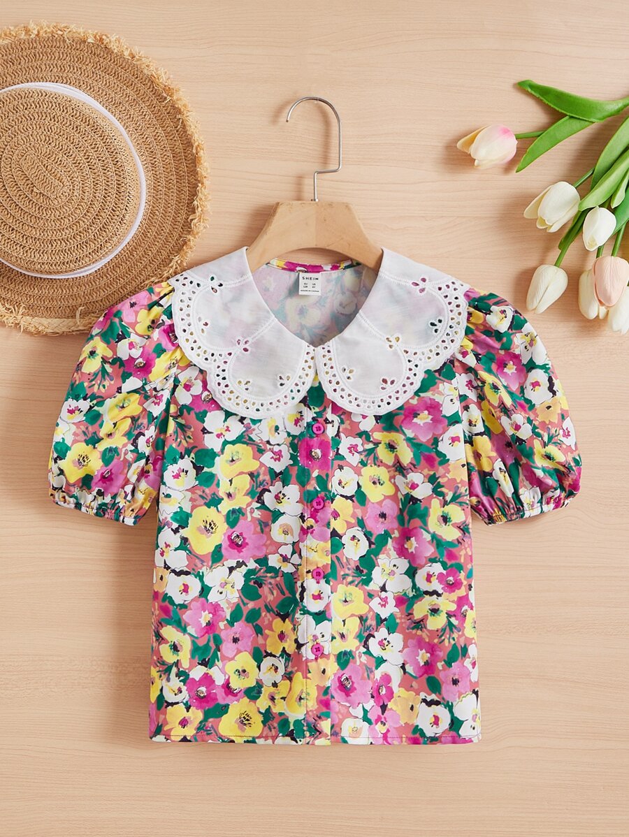 SHEIN Áo cánh Gái Tương phản ren Nút phía trước Tranh thêu Hoa Boho - Nhiều màu - Xem 1
