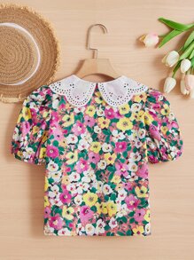 SHEIN 女孩印花網眼刺繡誇大領口襯衫 - 彩色 - 查看 2