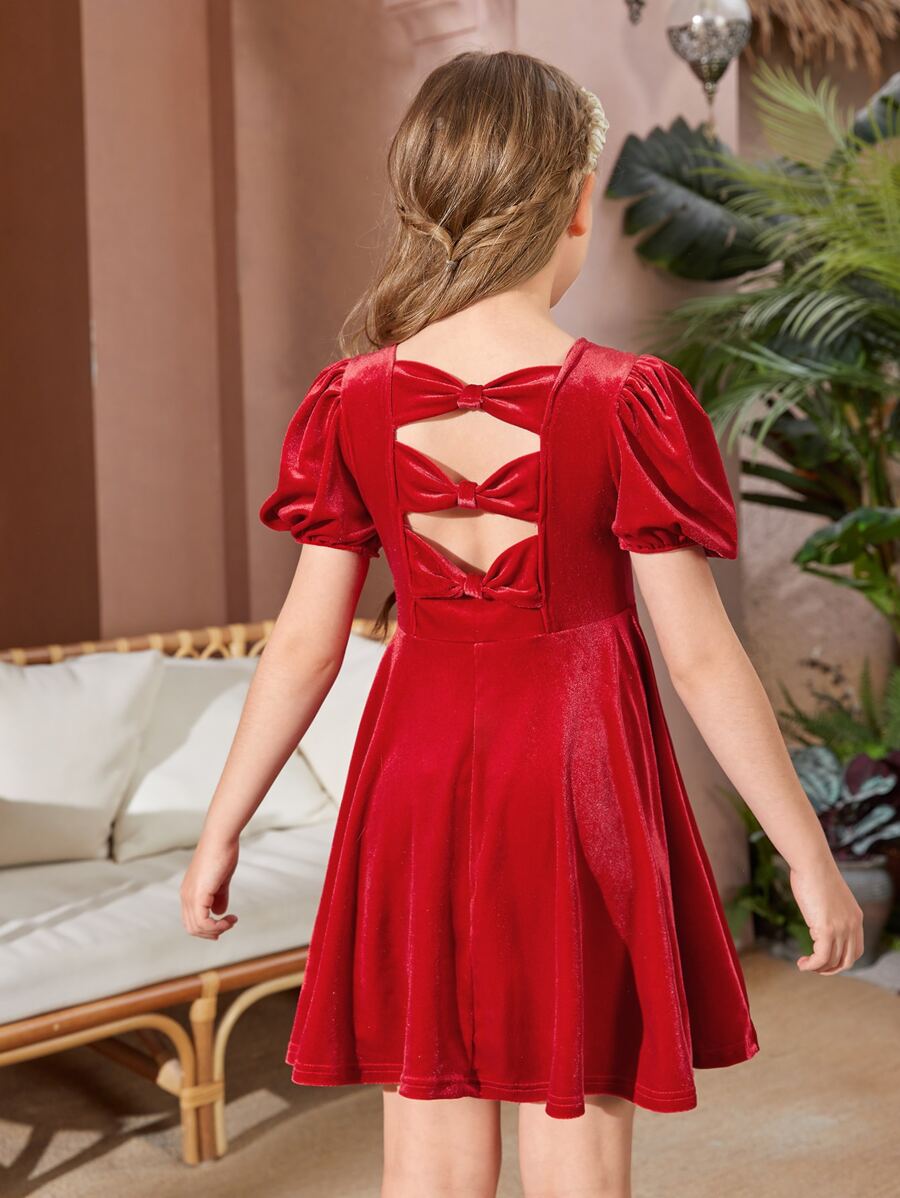 Girls 1pc Bow Back Puff Sleeve Dress - Red - View 1