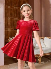 Girls 1pc Bow Back Puff Sleeve Dress - Red - View 2
