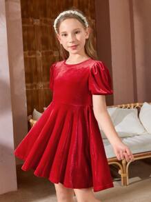 Girls 1pc Bow Back Puff Sleeve Dress - Red - View 3