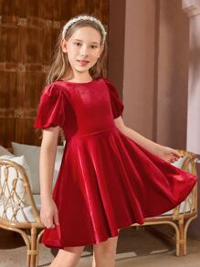 Girls 1pc Bow Back Puff Sleeve Dress - Red - View 5