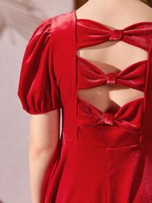 Girls 1pc Bow Back Puff Sleeve Dress - Red - View 6