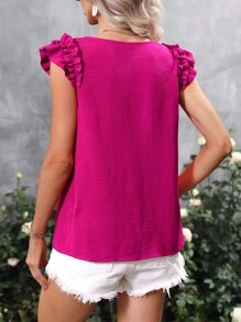 SHEIN Privé Solid Ruffle Trim V Neck Blouse - Hot Pink - View 2