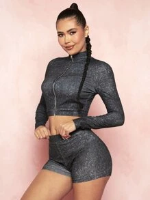 VARSITIE Zip Up Crop Glitter Jacket - Dark Grey - View 1