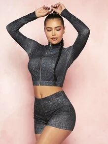 VARSITIE Zip Up Crop Glitter Jacket - Dark Grey - View 4