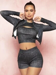 VARSITIE Zip Up Crop Glitter Jacket - Dark Grey - View 5