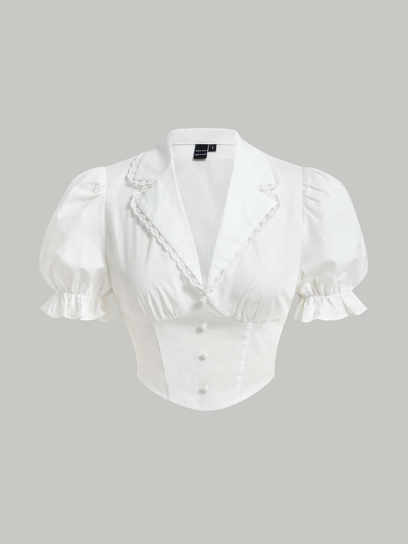 SHEIN MOD Lace Trim Lapel Collar Puff Sleeve Ruched Shirred Back Crop Blouse - White - View 1