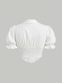 SHEIN MOD Lace Trim Lapel Collar Puff Sleeve Ruched Shirred Back Crop Blouse - White - View 2