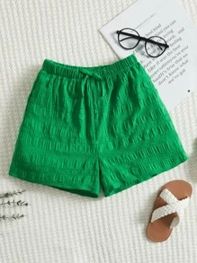 SHEIN Girls Solid Elastic Waist Shorts - Green - View 1