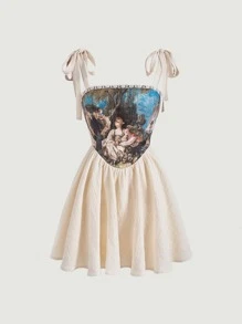 SHEIN MOD 人像圖案肩上打結吊帶連衣裙 - 杏色 - 查看 1