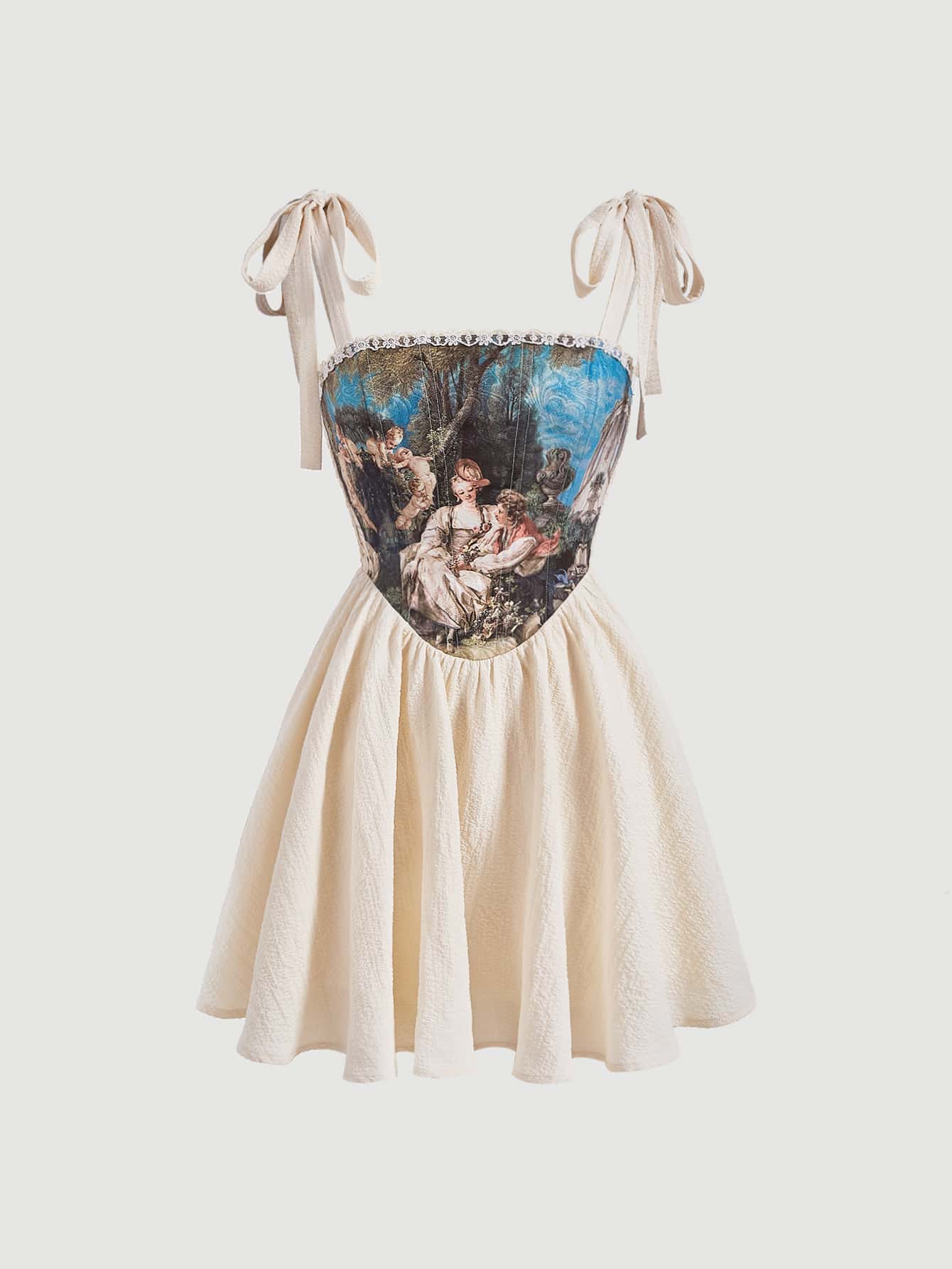 SHEIN MOD 人像圖案肩上打結吊帶連衣裙 - 杏色 - 查看 1