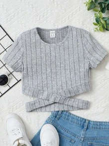 SHEIN Tween Girl Ribbed Knit Wrap Cross Tee - Light Grey - View 1