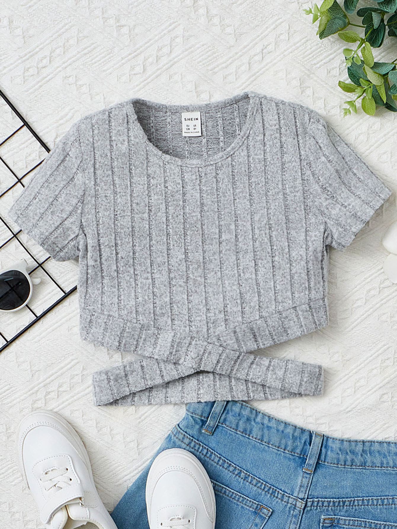 SHEIN Tween Girl Ribbed Knit Wrap Cross Tee - Light Grey - View 1