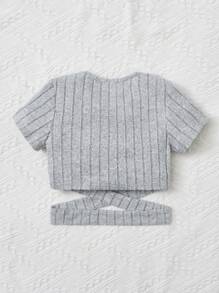 SHEIN Tween Girl Ribbed Knit Wrap Cross Tee - Light Grey - View 4