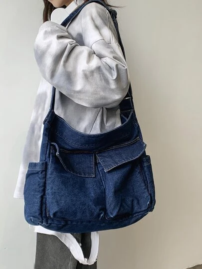 Fashionable Blue Canvas Bag With Multiple PocketSlouchylouchy, Large Capacity, Suitable For Daily Commutes And Casual Use, Can Be Worn As A Shoulder Bag Or Cross-Body, Neutral Bag Suitable For Institute
