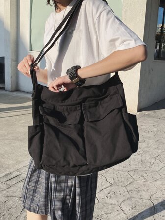 时尚多口袋大容量纯色单肩斜挎包可折叠休闲软包通勤学院风复古风百搭布包