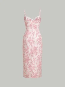SHEIN MOD Floral Print Split Thigh Cami Dress - Baby Pink - View 2