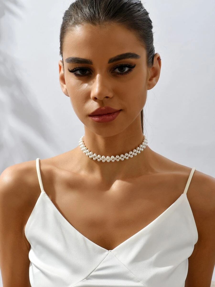 Faux Pearl Decor Necklace - White - View 1